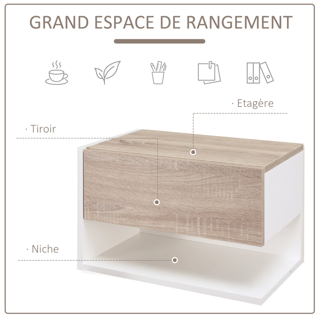 Comodino sospeso ¨C zephmum ¨C 2 pezzi, bianco, legno effetto rovere