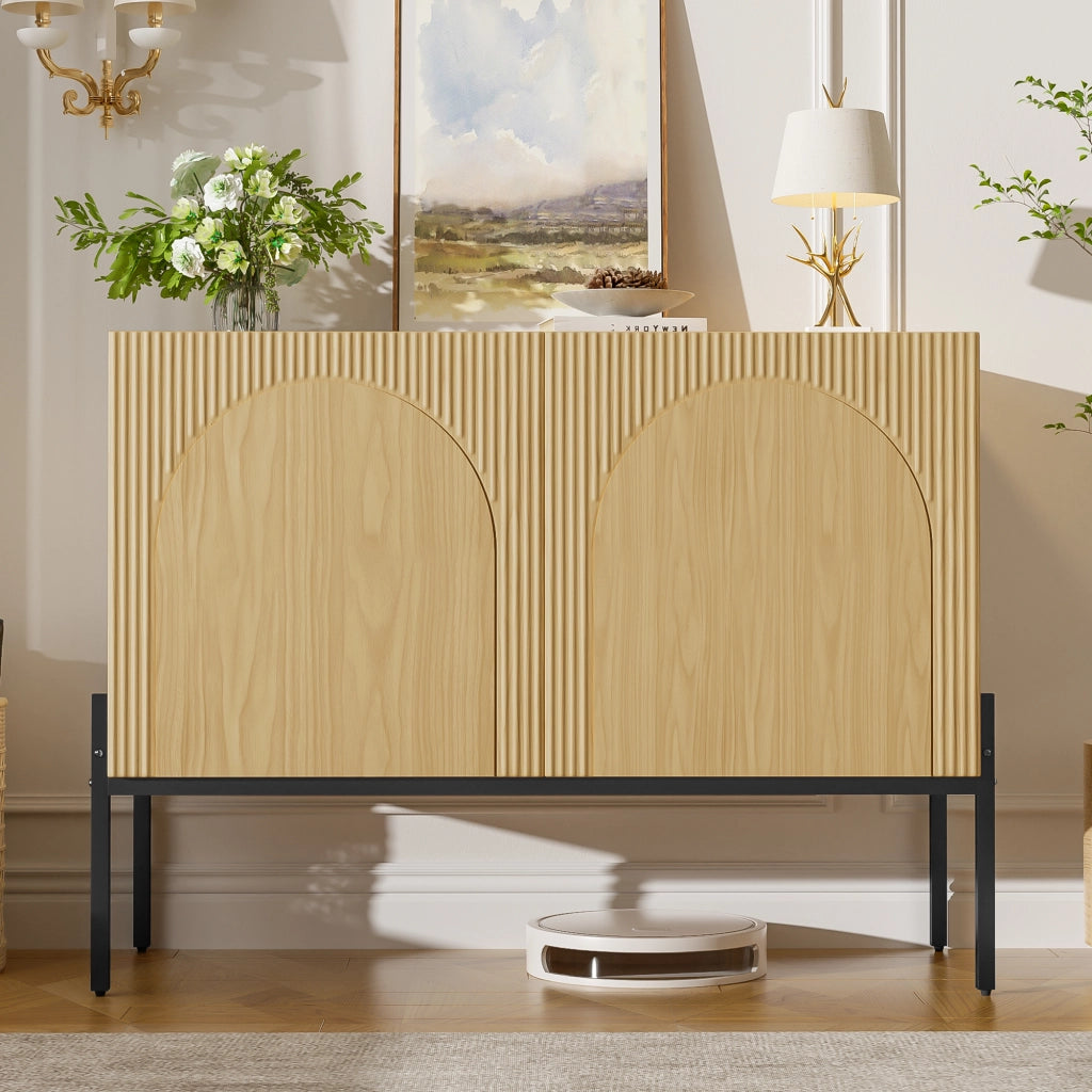 Credenza con 2 ante e gambe in metallo, design ad arco per soggiorno e sala da pranzo, naturale, 100 × 40 × 75 cm