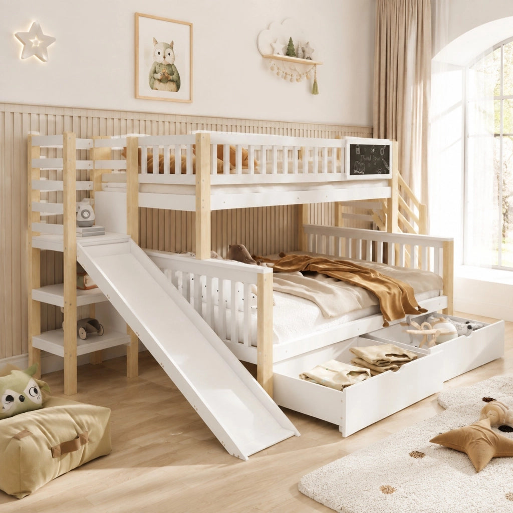 LETTO A CASTELLO 140x200 cm e 90x200 cm Legno Bianco/Naturale con scivolo
