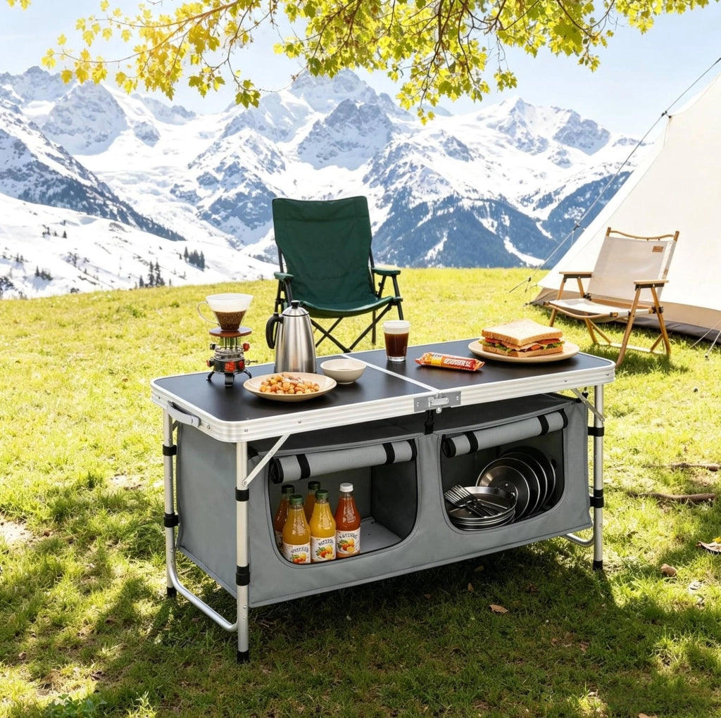 TAVOLO PIEGHEVOLE DA CAMPEGGIO 120 x 47 cm ALUMINIO MDF NERO/GRIGIO