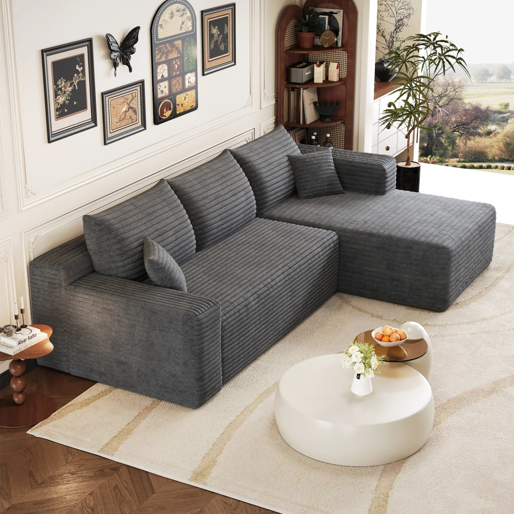 Divano angolare in tessuto con montaggio semplice e seduta morbida per soggiorno grigio scuro 241 × 151 × 58 cm