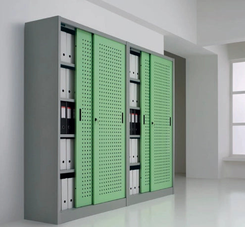 Armadio basso sopralzo per archivio ufficio con ante forate in lamiera verniciata cm. 180x45x75H