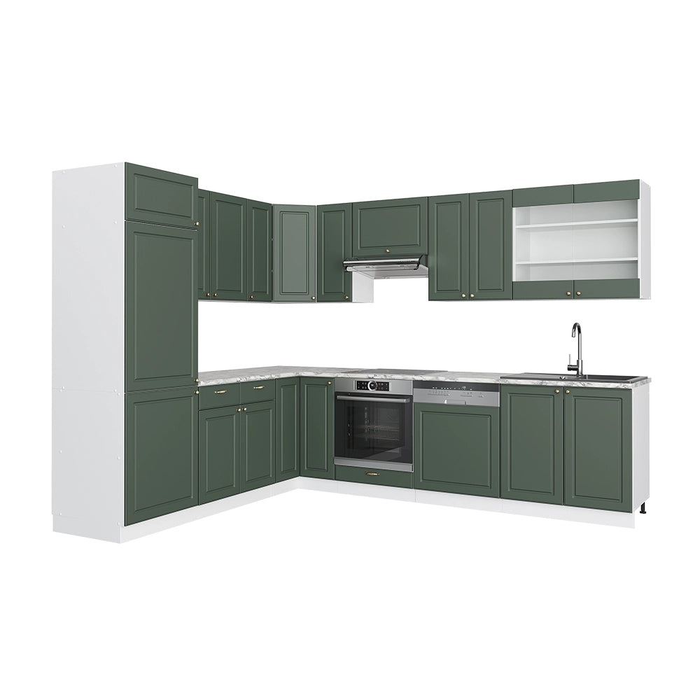 Cucina angolare completa Fame-Line Verde-oro rustico/Bianco 287 x 46 cm senza piano di lavoro Vicco