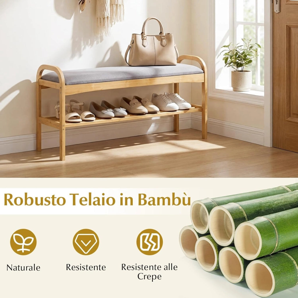Scarpiera con Cuscino, Panca Porta Scarpe in Bambù per Ingresso con Ripiano, Panca Imbottita per Ingresso Corridoio Camera da Letto (Stile 1)