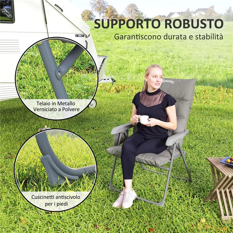 SEDIA DA CAMPEGGIO PIEGHEVOLE E REGOLABILE SU 5 LIVELLI CON TASCHE LATERALI 66X58X105 CM GRIGIO CHIARO
