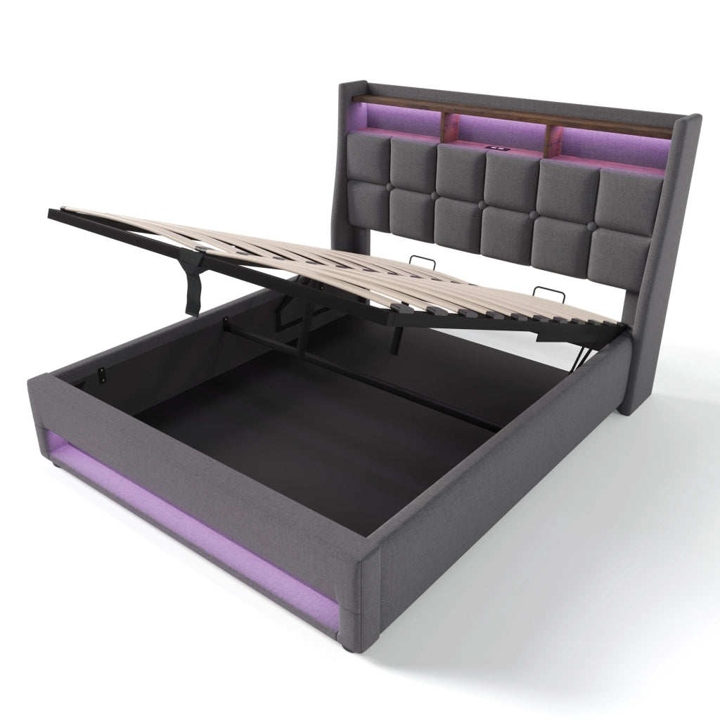 OKWISH Letto Contenitore 180×200 cm, Letto Matrimoniale con USB, LED Regolabile e Vano Contenitore, senza Materasso, in Lino, Grigio