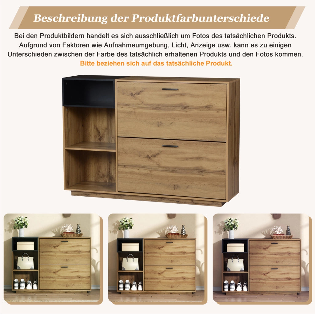Scarpiera con 2 ante a ribalta e 3 vani aperti, per ingresso, in MDF, effetto legno naturale e nero, 120 × 32 × 84,5 cm