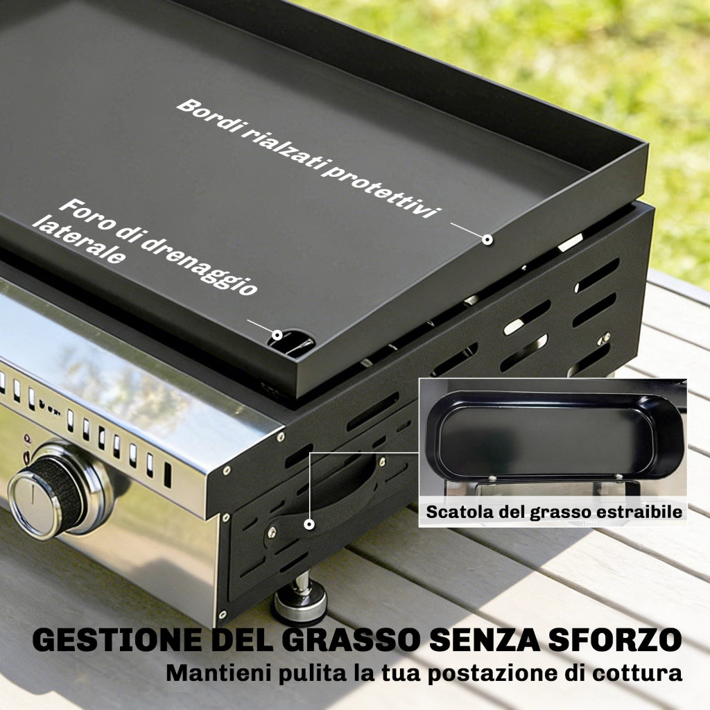 Griglia a Gas 62x49x23 cm Piastra di Cottura Portatile 3 Bruciatori con Vaschetta Raccogli Grasso Nero