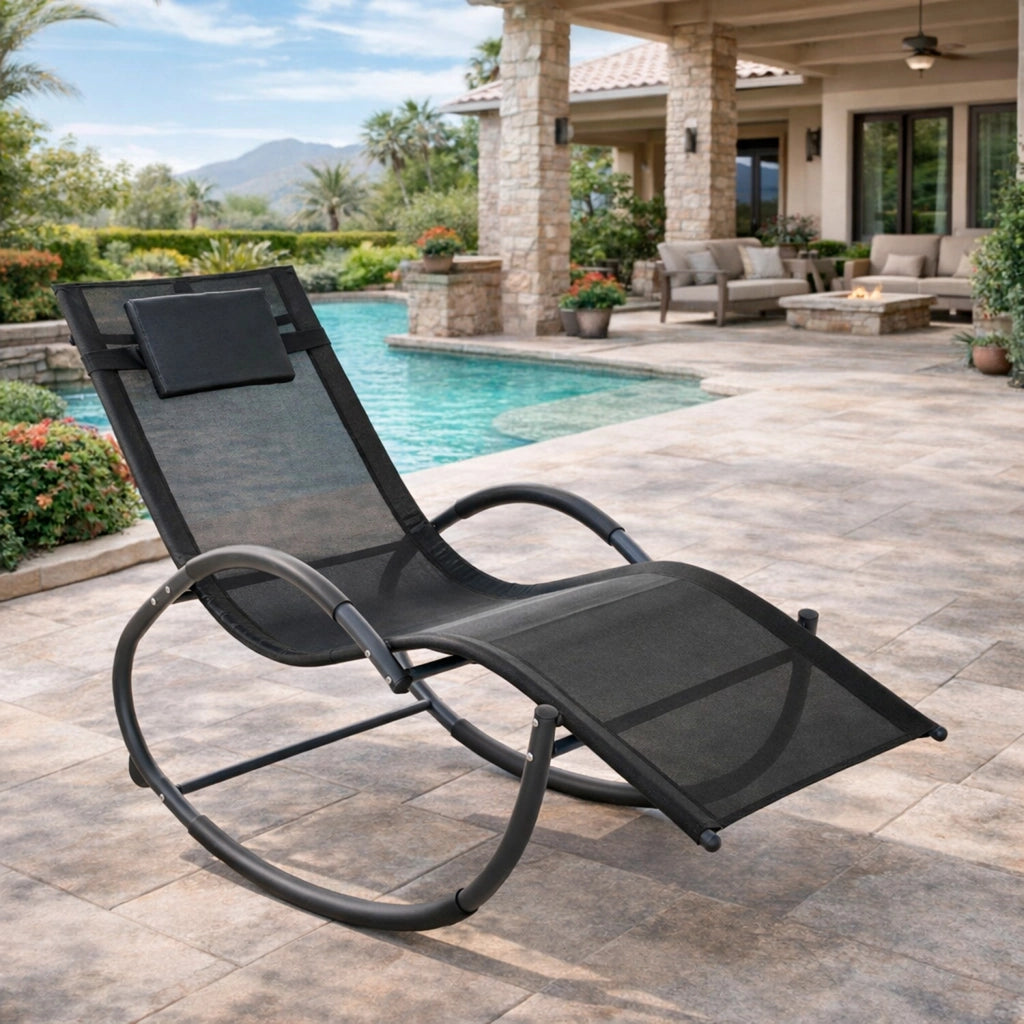 Sedia Basculante Da Giardino Ergonomica Con Poggiatesta Removibile Lettino Comodo Relax A Dondolo Per Patio Piscina Terrazza Balcone Outdoor 155x61x88 Cm Nero