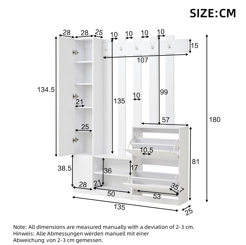 Mobile da ingresso ULEVR 135x25x180 cm con specchio, 2 scarpiere a ribalta e 5 ganci, bianco