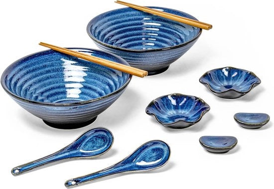 Set di piatti a rami, set di piatti a rami in ceramica con 2 x piatti, cucchiai, cucchiaio in ceramica, supporto per cucchiai, servizio da tavola tradizionale giapponese, blu