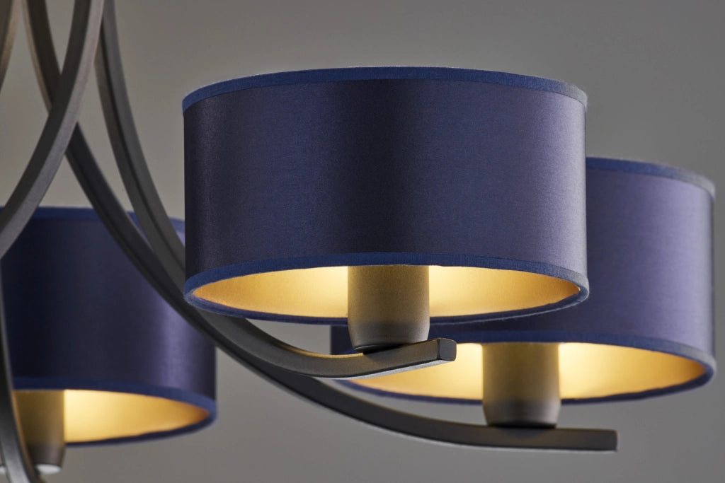 Lampadario nero a catena 5xE27 paralumi blu Jupiter