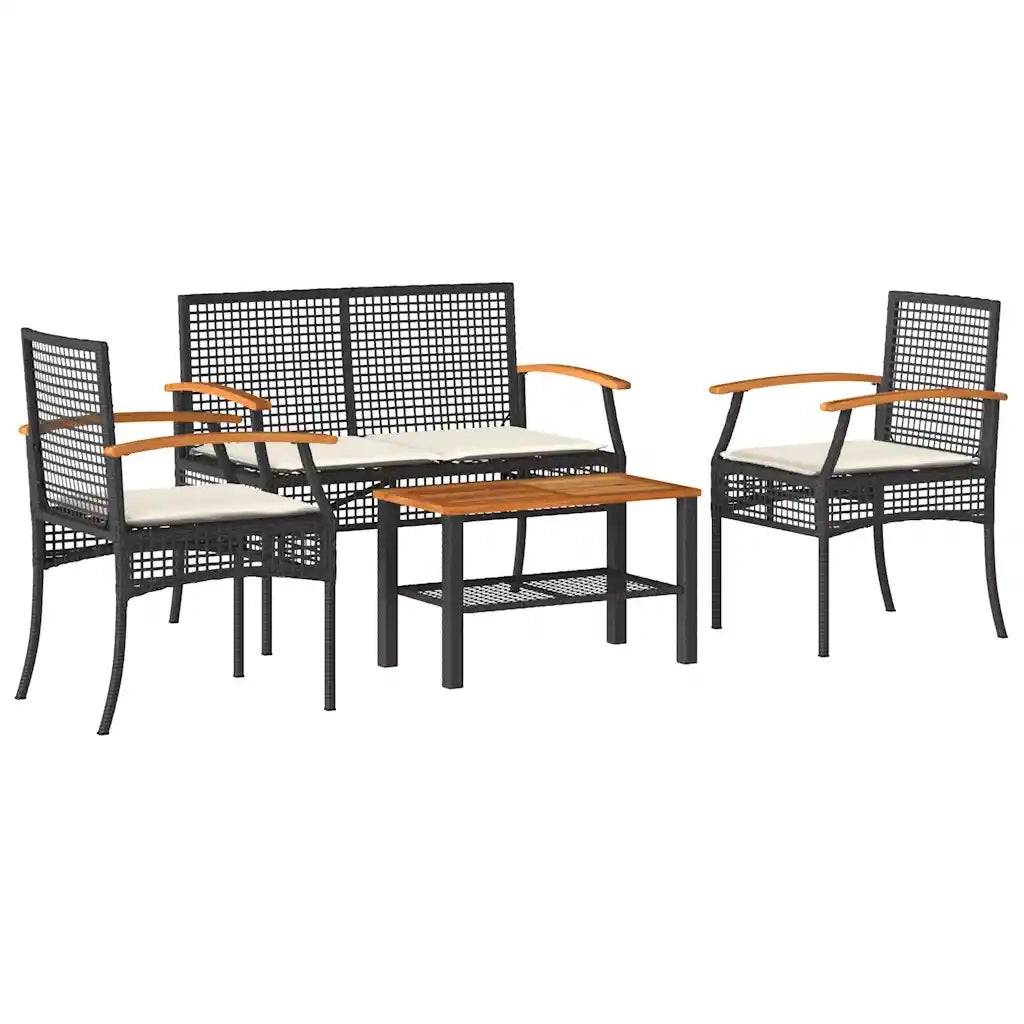 Set Divani da Giardino 4 pz | Set Salotto da Giardino con Cuscini Nero in Polyrattan