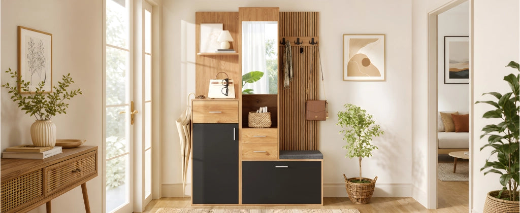 Mobile ingresso con specchio, scarpiera a ribalta, cassetti e seduta, per ingresso, nero naturale, 120 × 32 × 178 cm