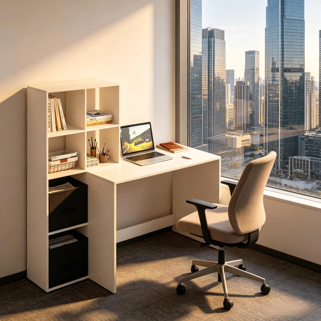 Scrivania con libreria e scomparti laterali con cassetti in tessuto in legno bianco moderna 110 × 74 × 50 cm