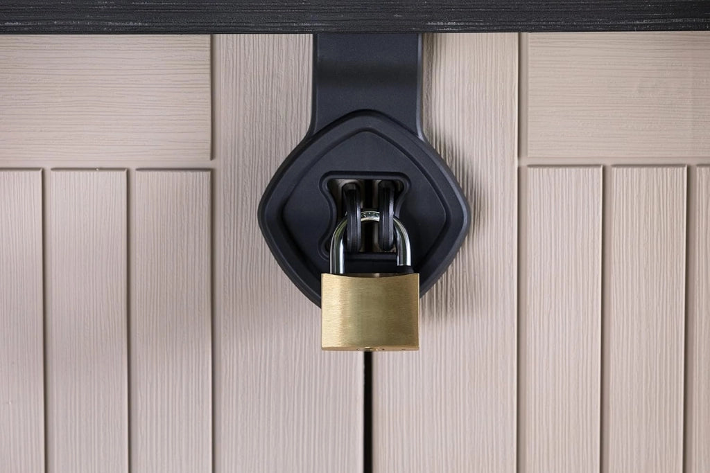 Baule porta attrezzi da esterno in resina effetto legno con doppia anta Store It Out Midi beige marrone Keter