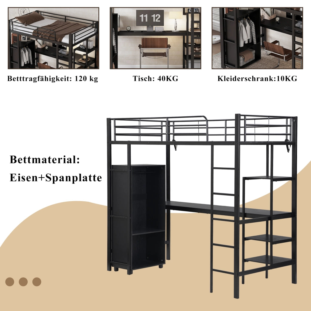DESMIU Letto a soppalco singolo con scrivania, armadio, 3 ripiani e scala a 5 gradini 90 × 200 cm senza materasso nero