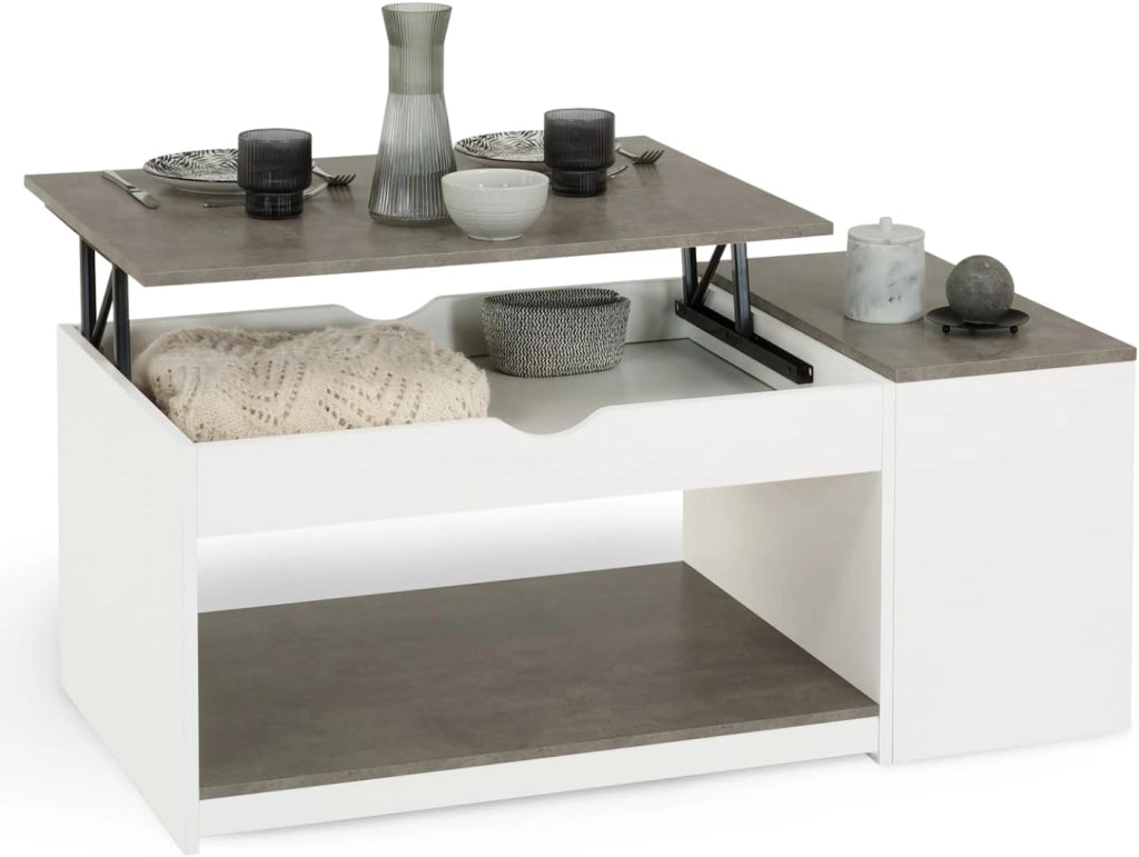 Tavolino ELEA rettangolare alzabile con cassa in legno bianco ed effetto cemento