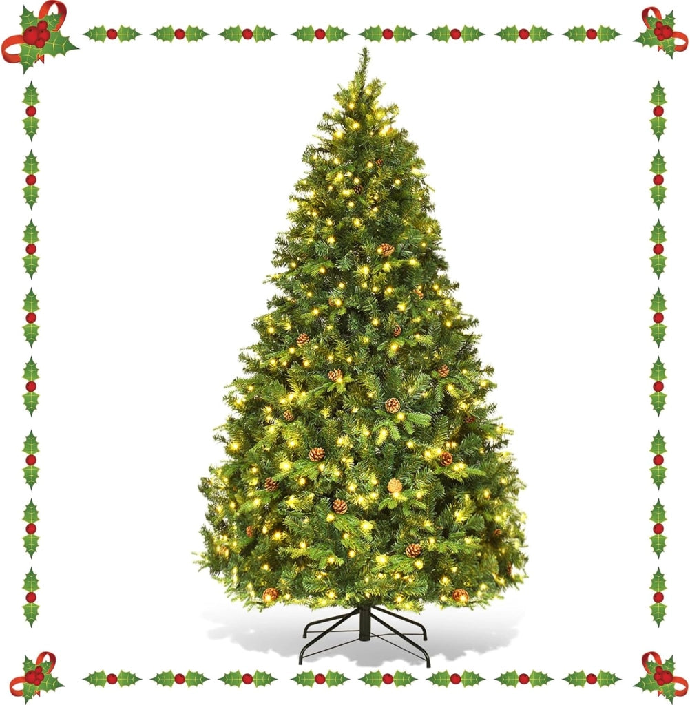 Albero di Natale Artificiale con Luci LED, Albero di Natale con Pigne e Base in Metallo, Christmas Tree Pieghevole Decorativo per Casa, Festa, Negozi, Ufficio (S)