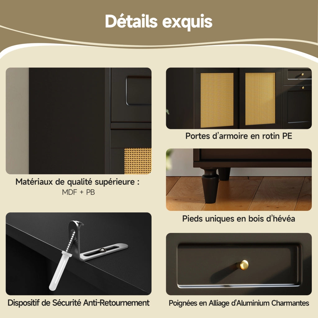 Credenza Alta da Cucina con 3 Cassetti; Ripiani Regolabili e LED; in MDF; Nero; 120x45x195;5 cm
