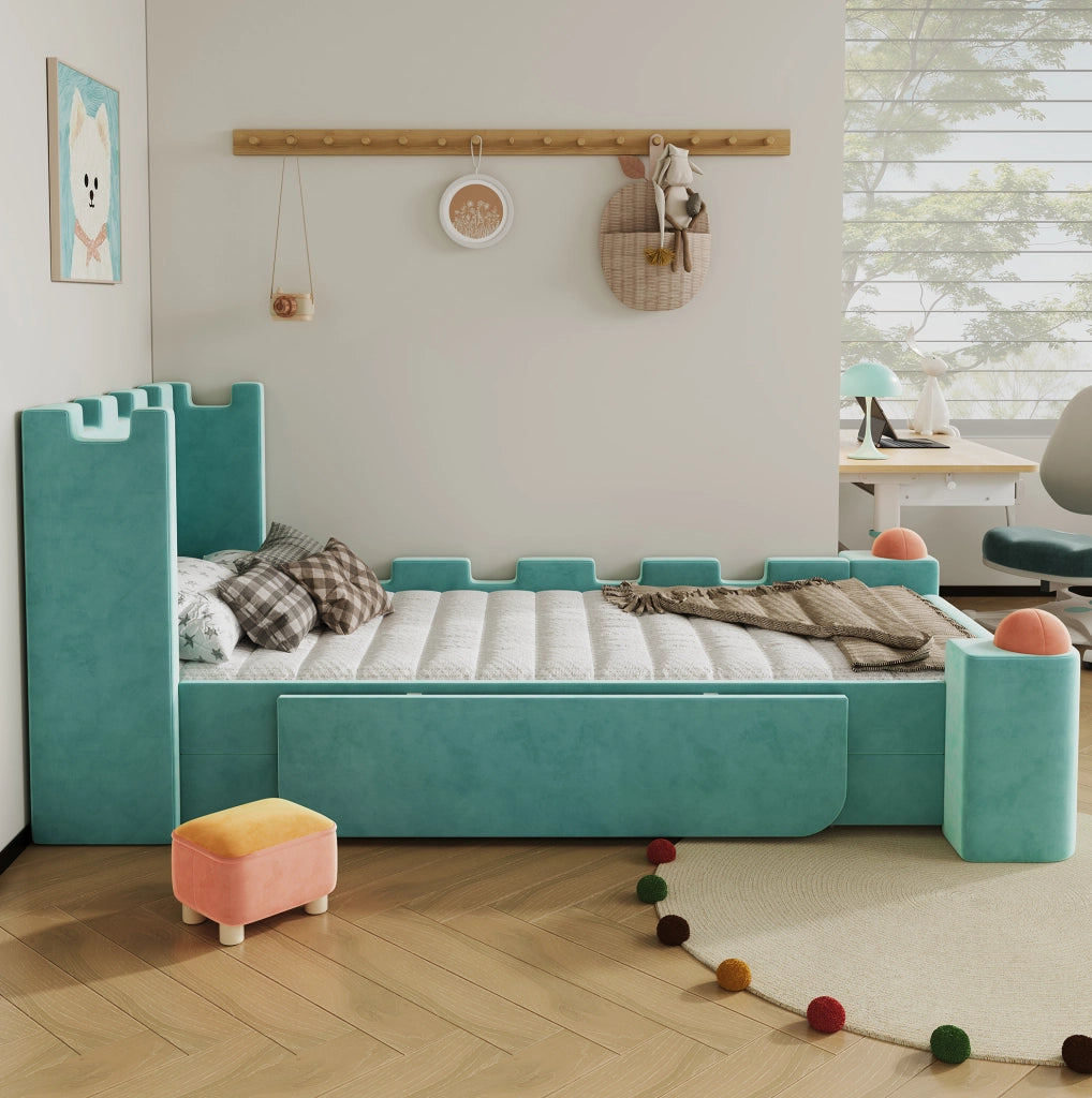 Letto imbottito 90x200 cm con mensola pieghevole e cassetto contenitore in velluto blu verde