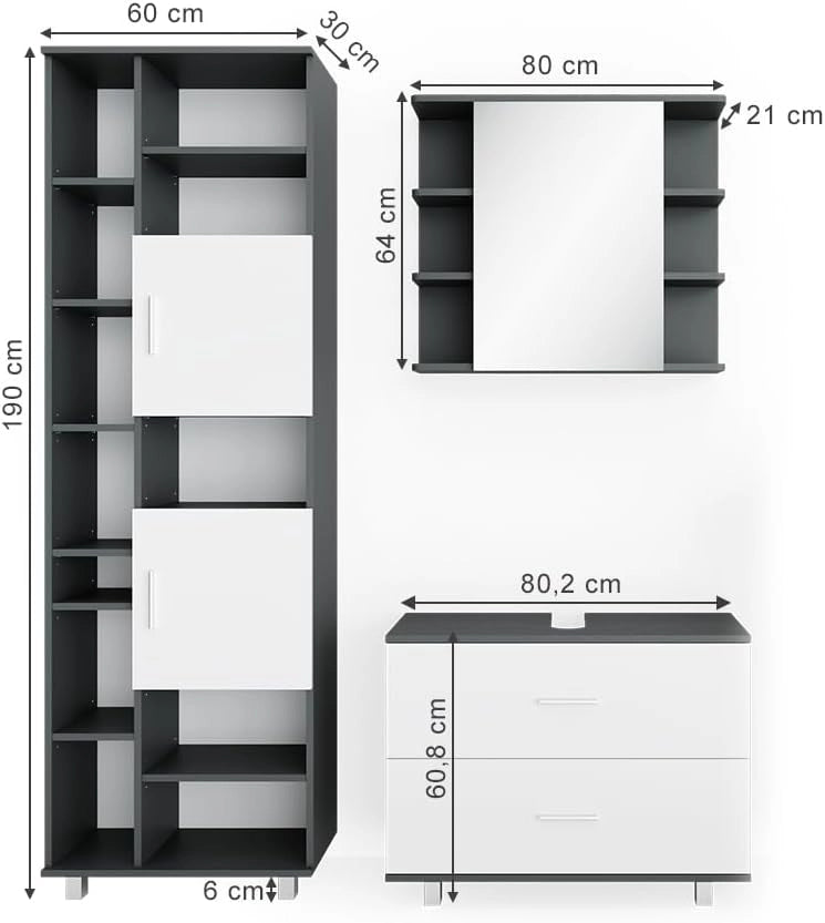 Set mobili bagno Ilias, Bianco/antracite, 80.2 cm, composto da mobile sottolavabo, specchiera e colonna alta