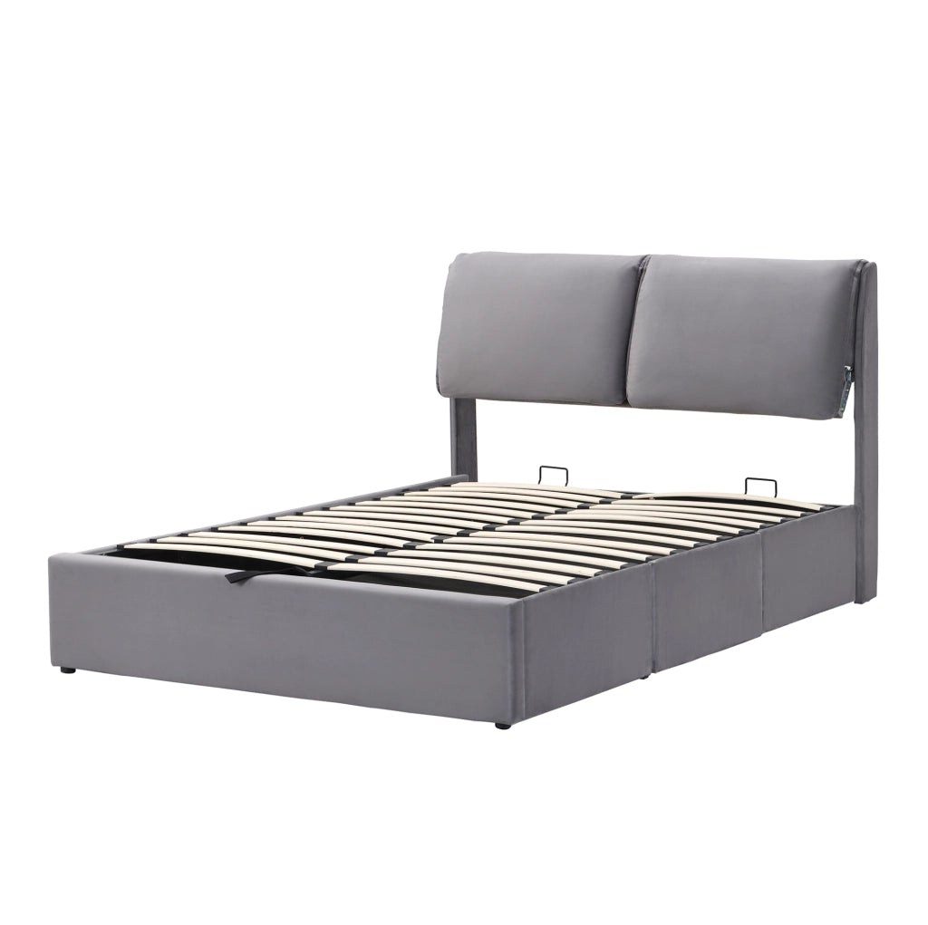 Letto in velluto grigio 140x200 cm con contenitore e 3 cassetti