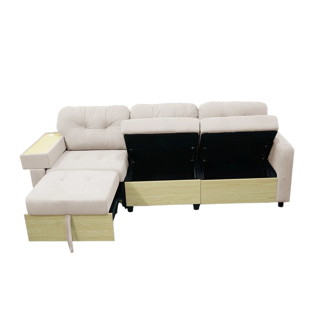 Divano Angolare 3 Posti con Penisola Estraibile ¨C MINIMAL ¨C Velluto Verde/Beige, Contenitore, Braccioli in Legno