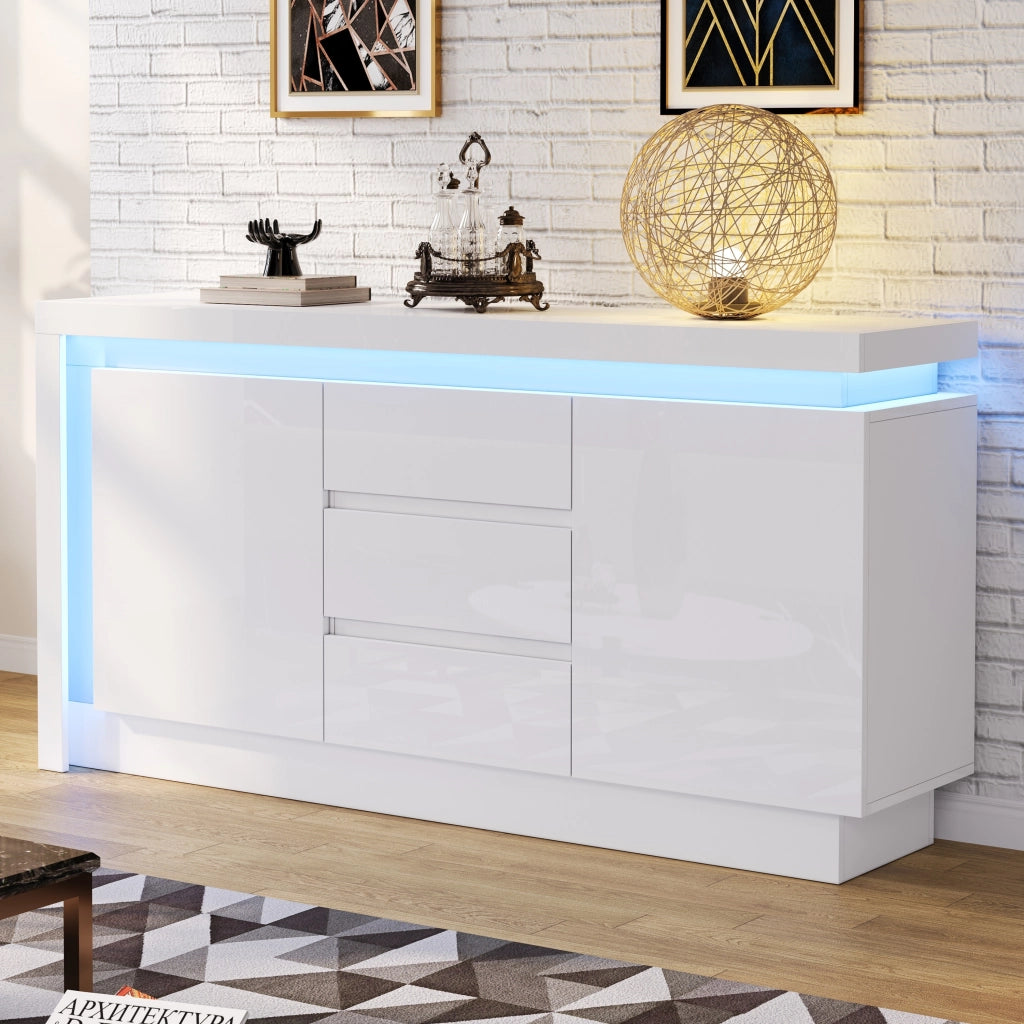 Credenza con 2 ante; 3 cassetti e LED - per soggiorno - 140×35×72 cm - bianco