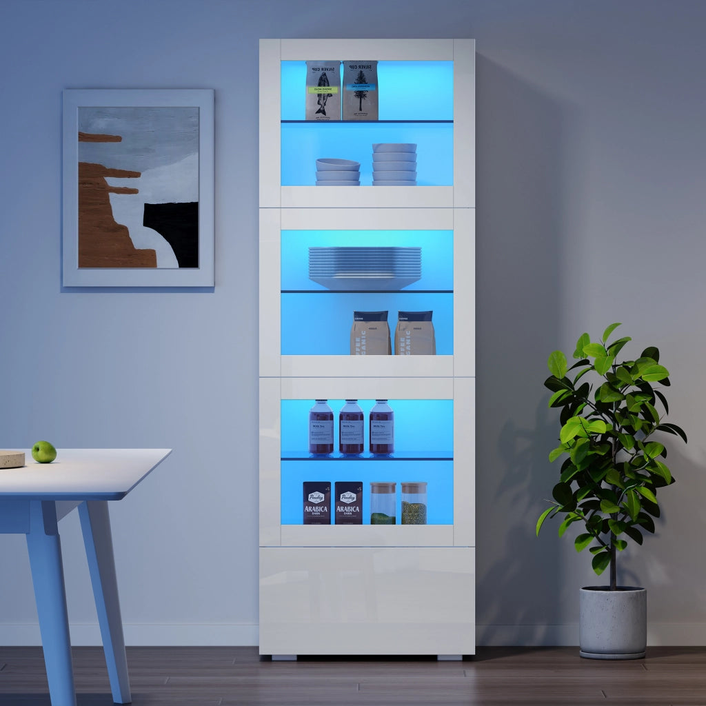 Vetrina con LED, 3 ante in acrilico, 1 cassetto e 6 vani, per soggiorno, in MDF e vetro, bianco, 60 × 40 × 173 cm