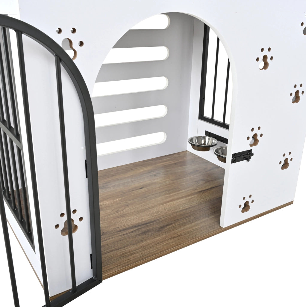 Cuccia per cani 2 in 1 con tavolino laterale; 2 ciotole in acciaio; bianco e rovere chiaro
