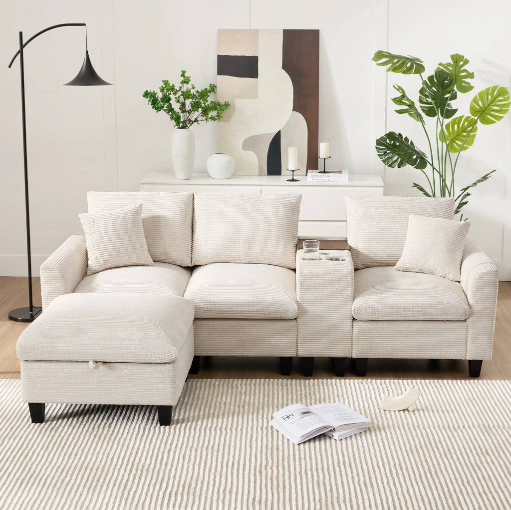 Divano angolare modulare 4 posti con console; 2 USB; portabicchieri e pouf contenitore beige