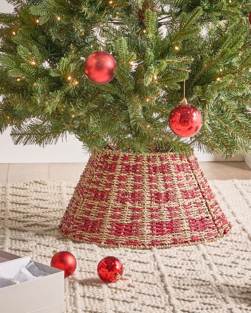CopriBase dell'albero di Natale in alghe naturali con accessori tondi rossi ⌀ 42 cm fatti a mano