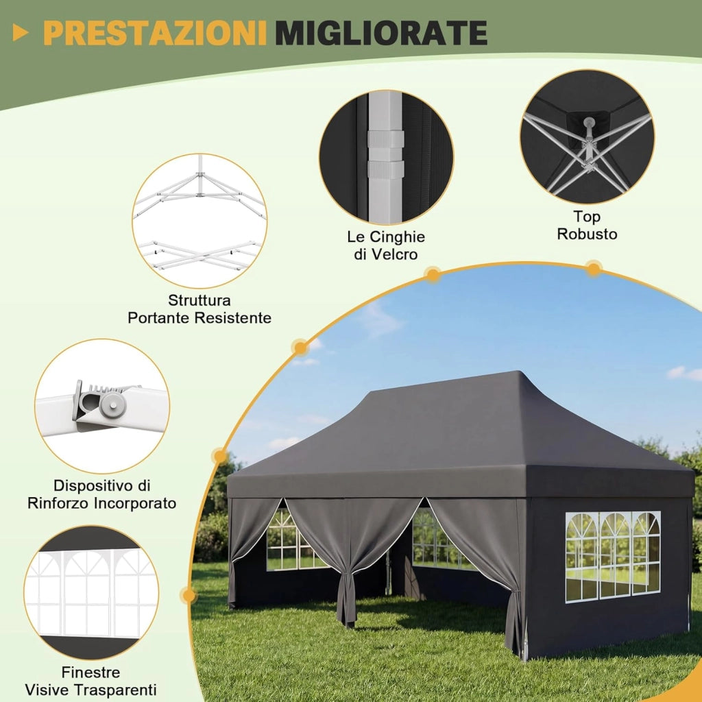Gazebo 3x6 Pieghevole con Pareti Laterali, Gazebo con Altezza Regolabile, Telo in Tessuto Oxford Impermeabile, Tenda Robusta e Duratura per Matrimoni, Esterno, Giardini e Feste, Grigio