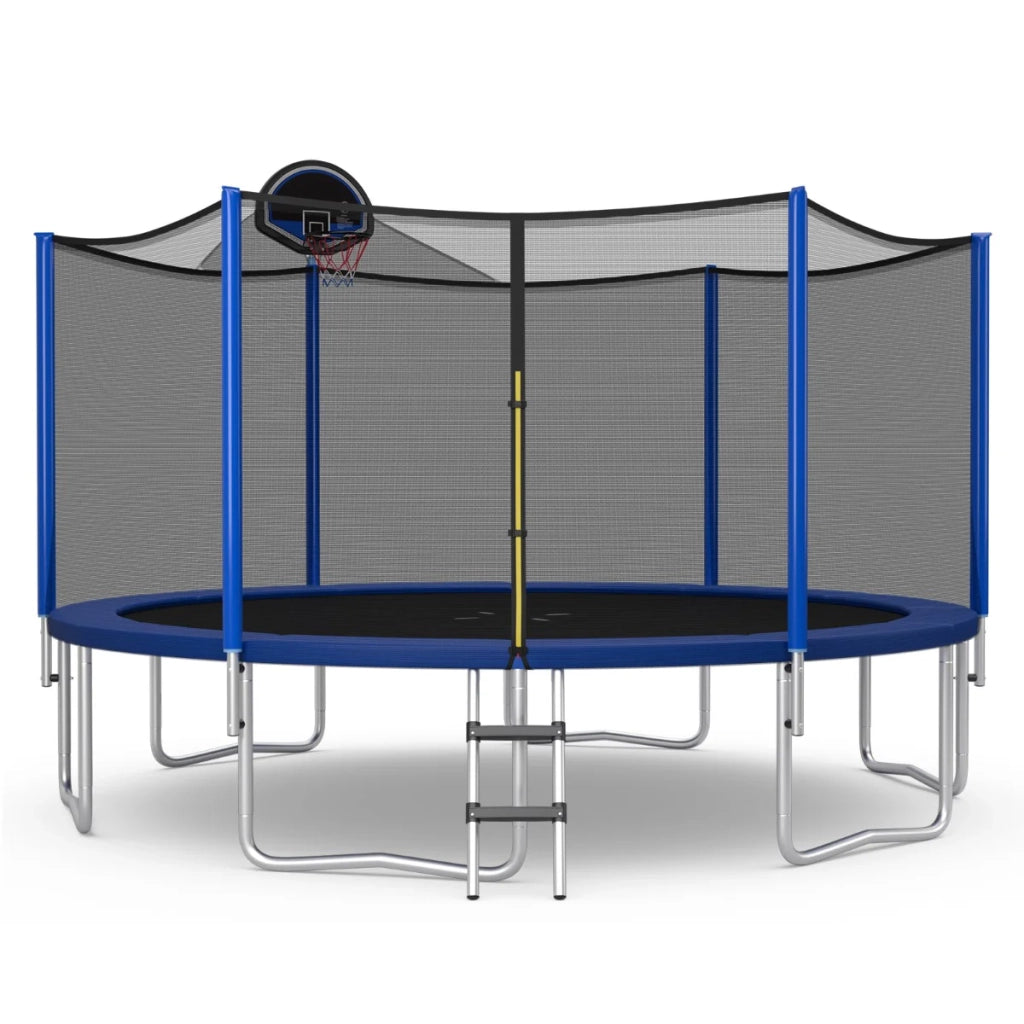 Trampolino da esterno con canestro da basket 366 x 366 x 272 cm esperienza di salto ottimale sicurezza rinforzata acciaio blu 20_0020144