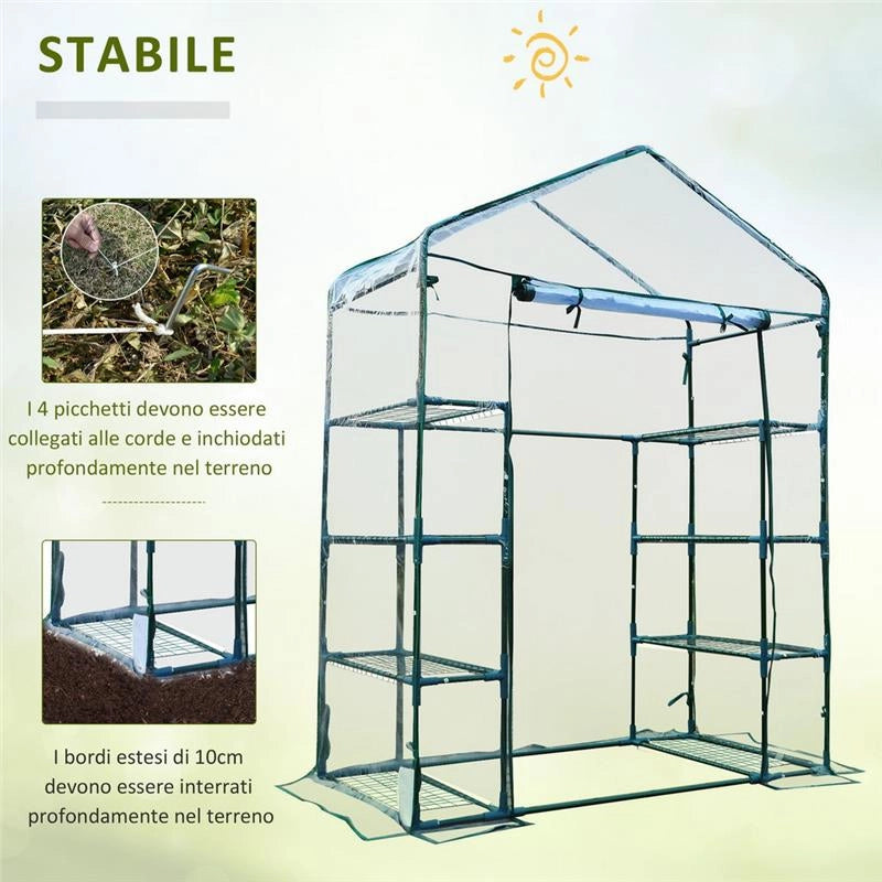 SERRA DA GIARDINO IN ACCIAIO E PVC TRASPARENTE CON PORTA AVVOLGIBILE, 143X73X195 CM, VERDE