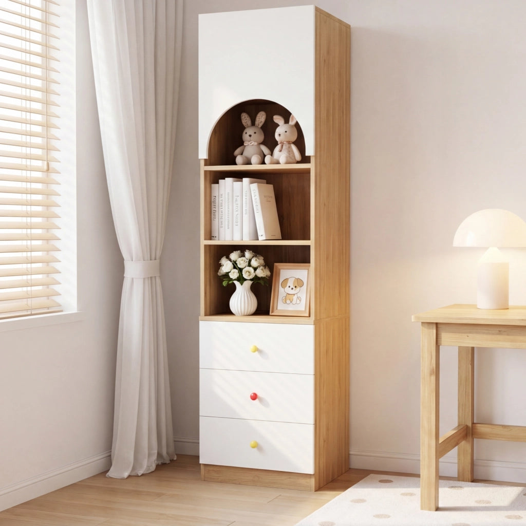 Libreria alta bianca e effetto legno con tre cassetti e tre ripiani in MDF