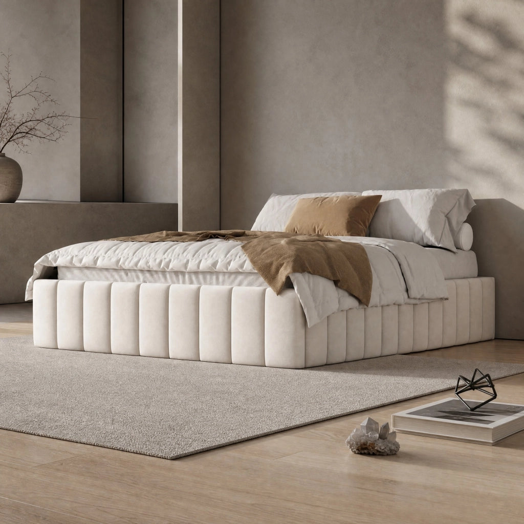 Letto imbottito 140x200 cm in velluto beige con 4 cassetti