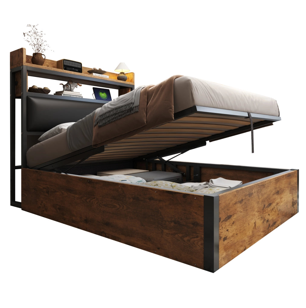 Letto singolo 90x200 cm con contenitore idraulico e USB nero