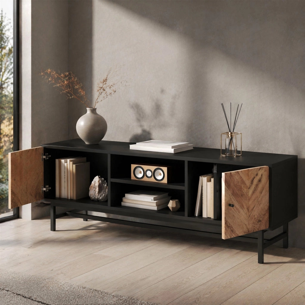 Mobile porta TV 150 cm nero e effetto legno con 2 ante e ripiani