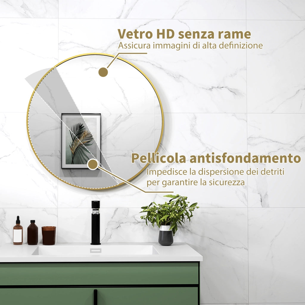 Specchio Rotondo Ø70x2.5 cm con Superficie Antiurto e Struttura in Acciaio Oro