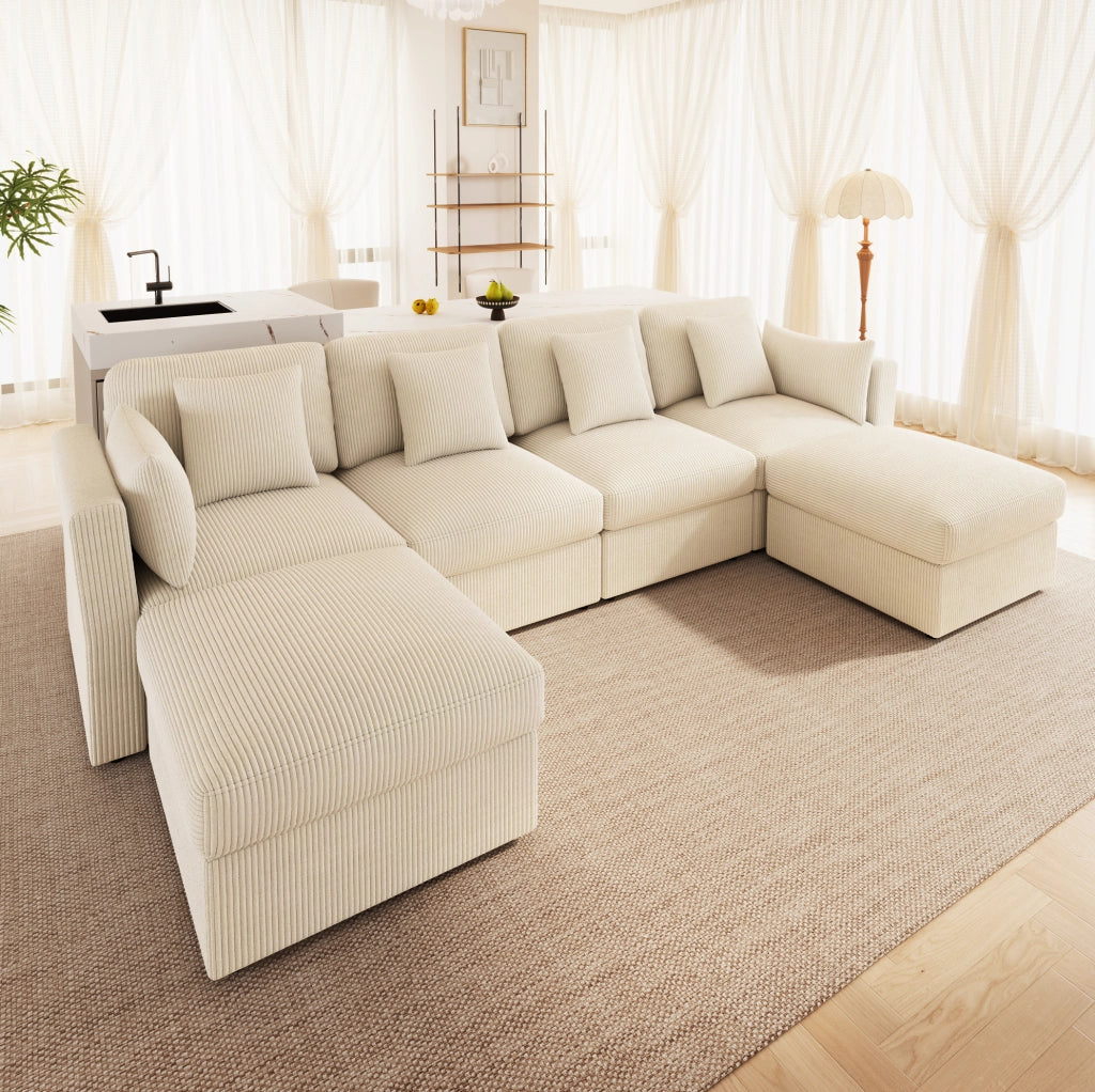 Divano modulare 4-6 posti in velluto a coste beige con pouf