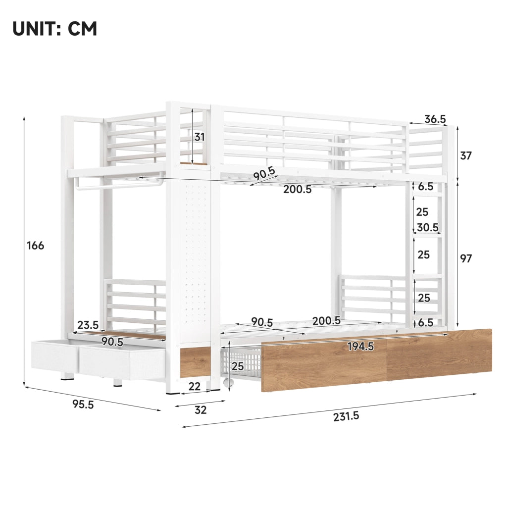 LETTO A CASTELLO 90x200 cm con LED, 2 cassetti e appendiabiti Bianco