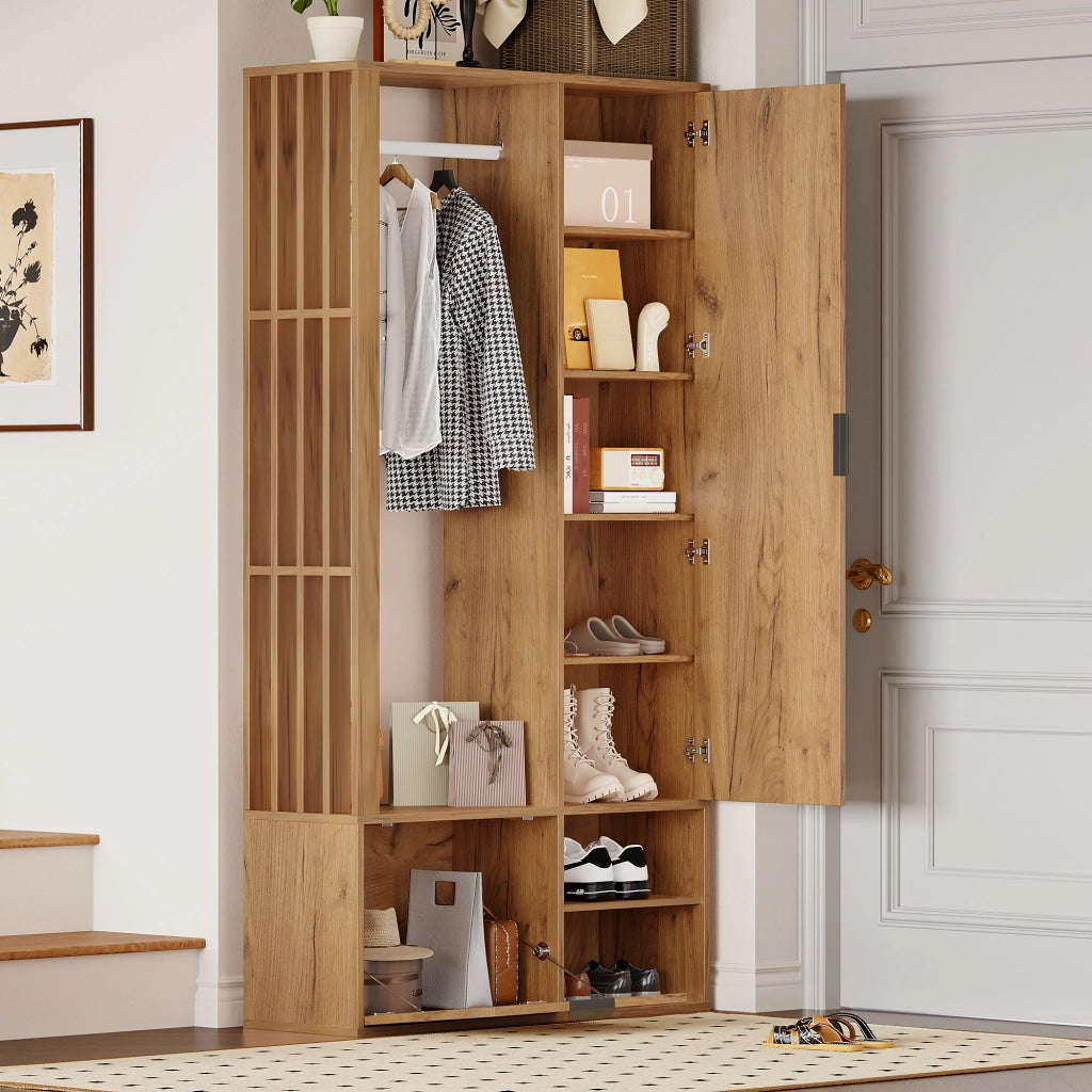 Mobile d'Ingresso con 2 Armadi e Specchio; 9 Vani Contenitore; Anta a Ribalta; Stile Minimalista; in Truciolare; Naturale; 100??33??190 cm