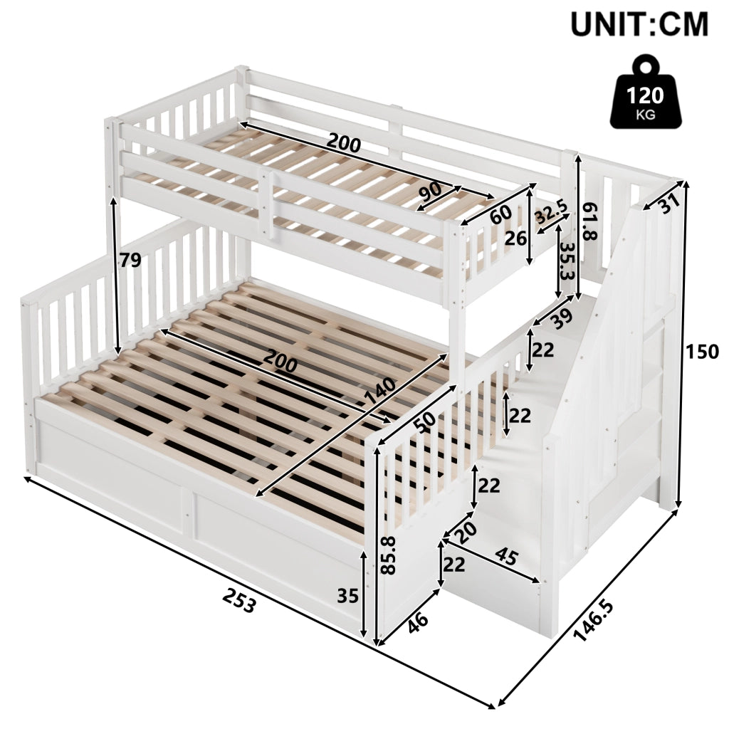LETTO a castello con scala contenitore 90x200+140x200 cm in pino e MDF bianco