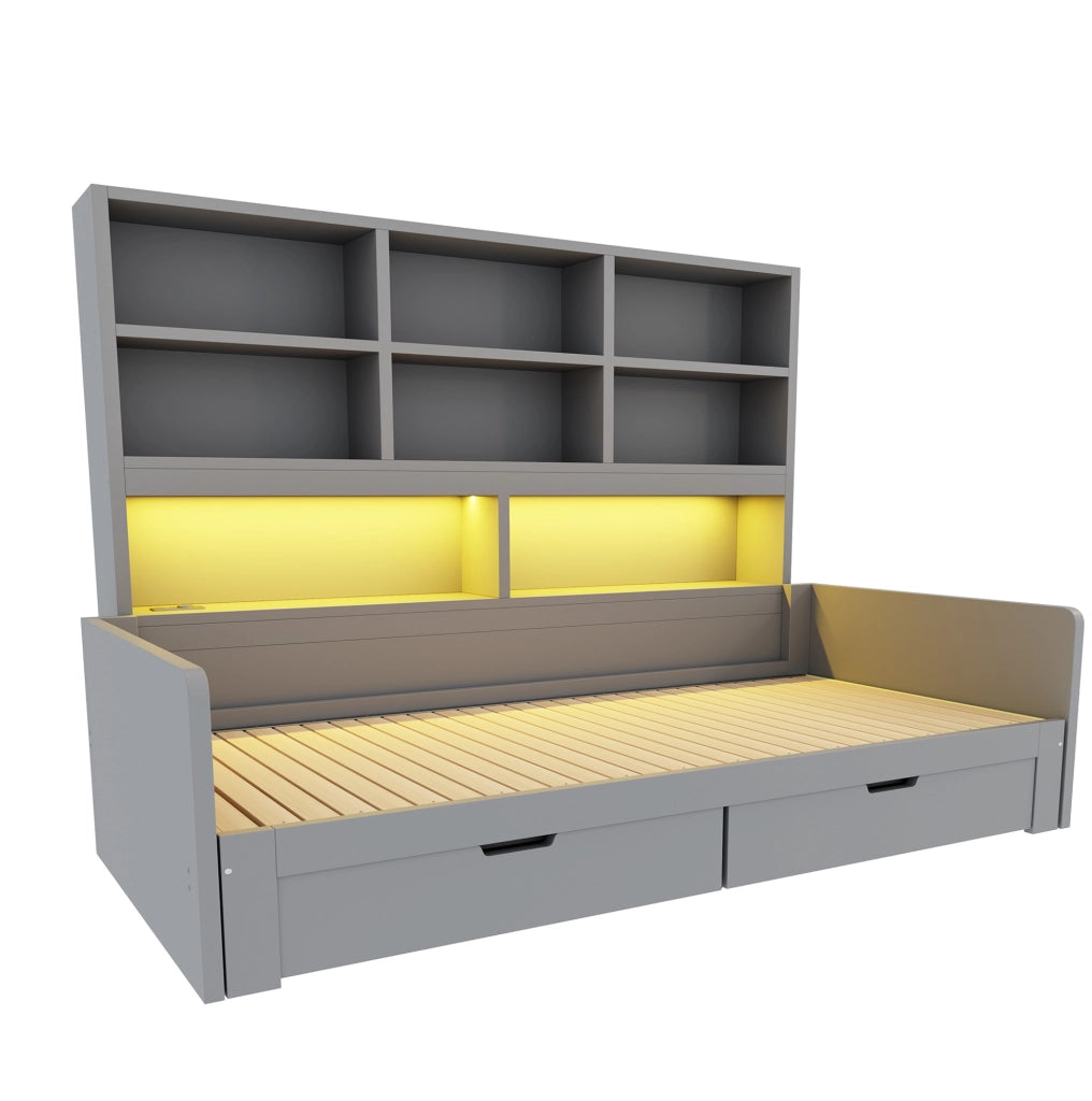 Letto multifunzionale 90/180 x 200 cm in MDF grigio con LED; prese; cassetti e vani aperti