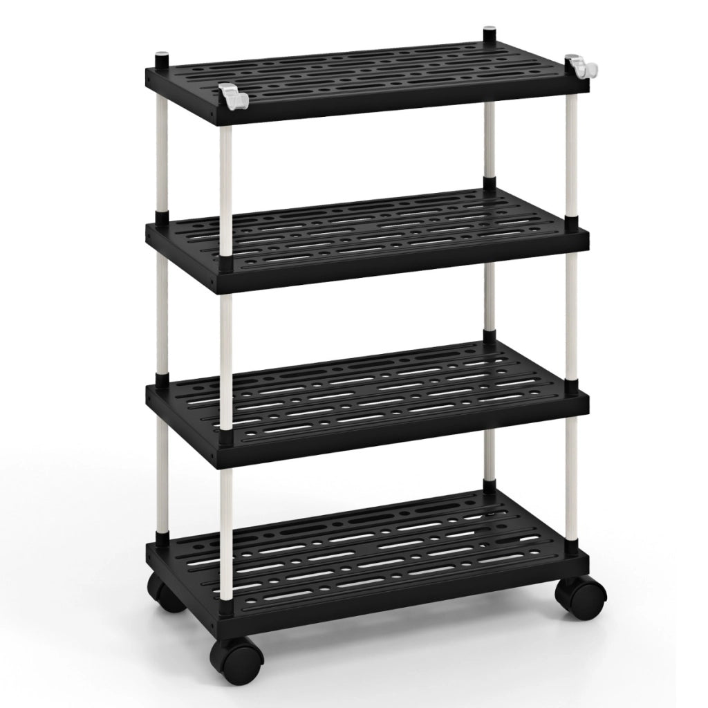 Carrello sottile a 4 piani con ruote bloccabili ganci laterali, Mobiletto per bagno e cucina estraibile Nero-Carrelli