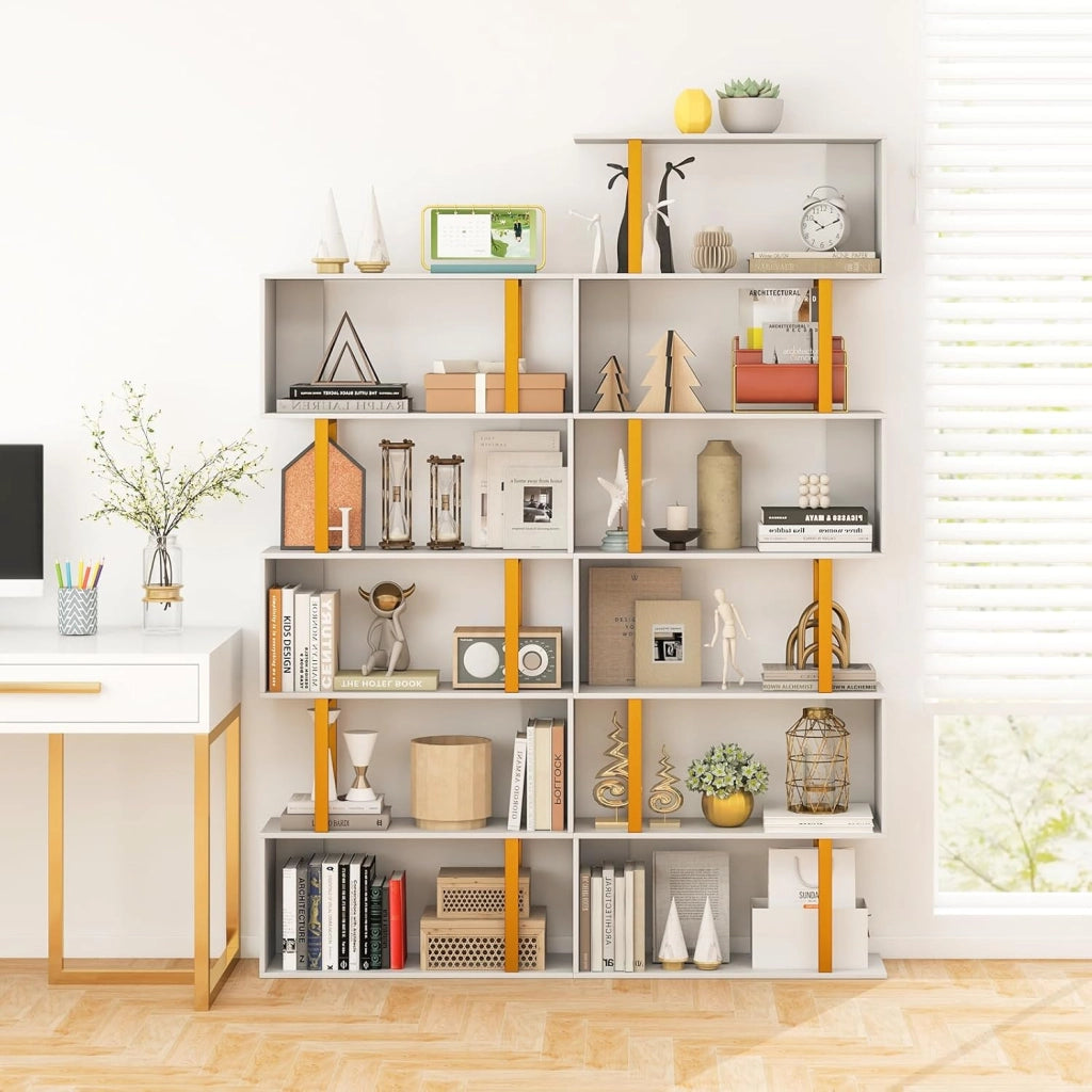 Libreria a 5 Livelli in Legno, Scaffale con Struttura in Metallo, Forma di S, Librerie Salvaspazio Divisorio per Soggiorno Ufficio e Studio, Carico 120kg (70 x 24 x 157 cm)