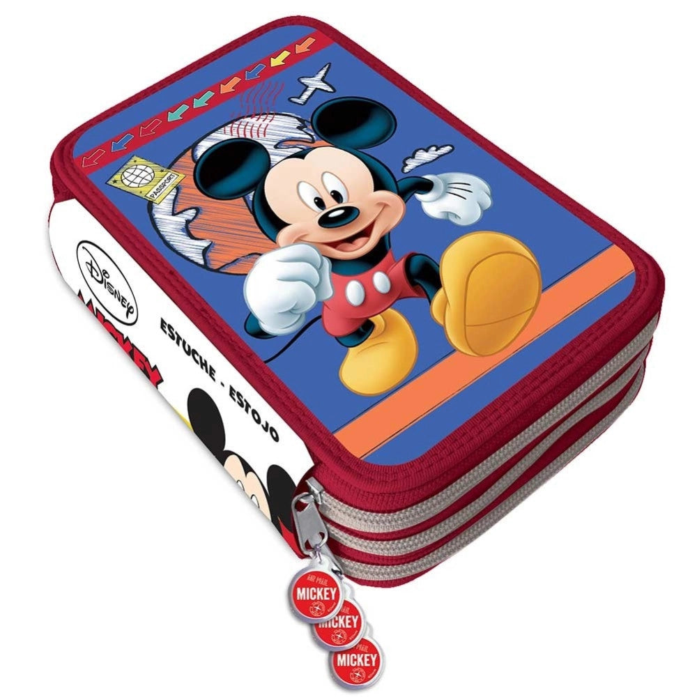 Trade Shop - Astuccio Portapastelli Scuola 3 Zip Topolino Accessoriato Pastelli Pennarelli -