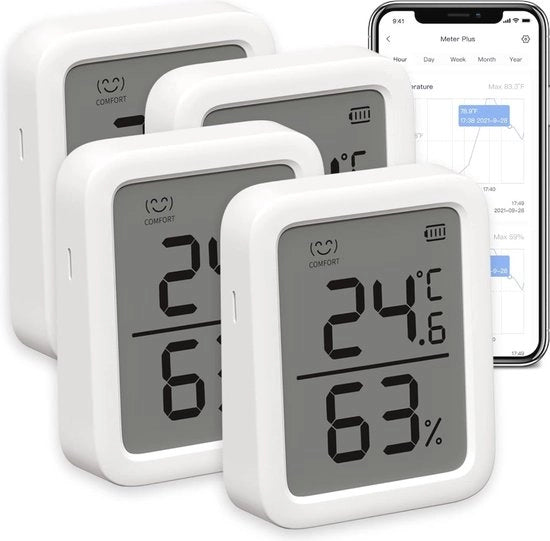 Set di Termometro e Igrometro Interno da 4 - Termometro e Igrometro Bluetooth per Camera da Bambino, Casa e Giardino con Avvisi Intelligenti